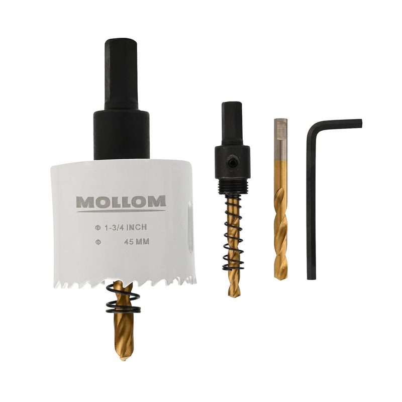 Mollom (45mm | 1-3/4") HSS M42 with 8% Cobalt BI-Metal Hole Saw with 2 Pilot Drill Bits & Arbor Smooth Cutting for PVC,Drywall,Wood,Plastic,Gypsum Board,Rubber - Image 1